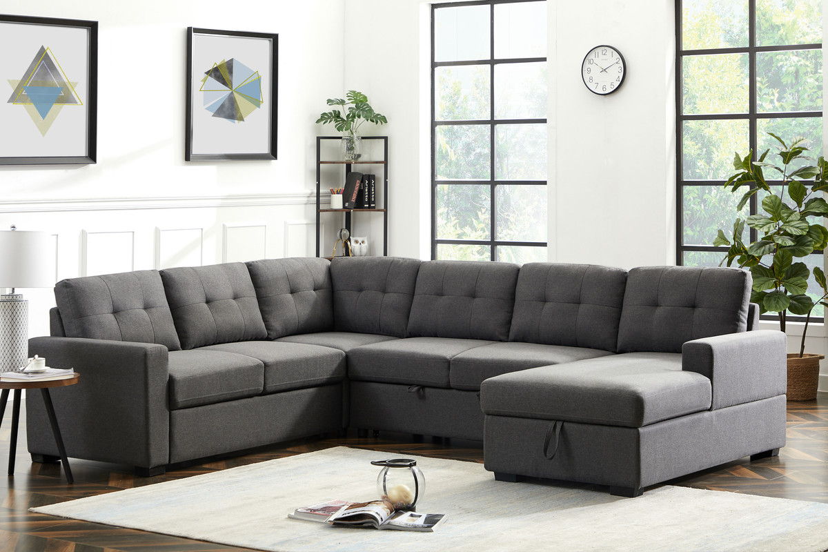 Selene - Linen Fabric Sleeper Sectional Sofa With Storage Chaise