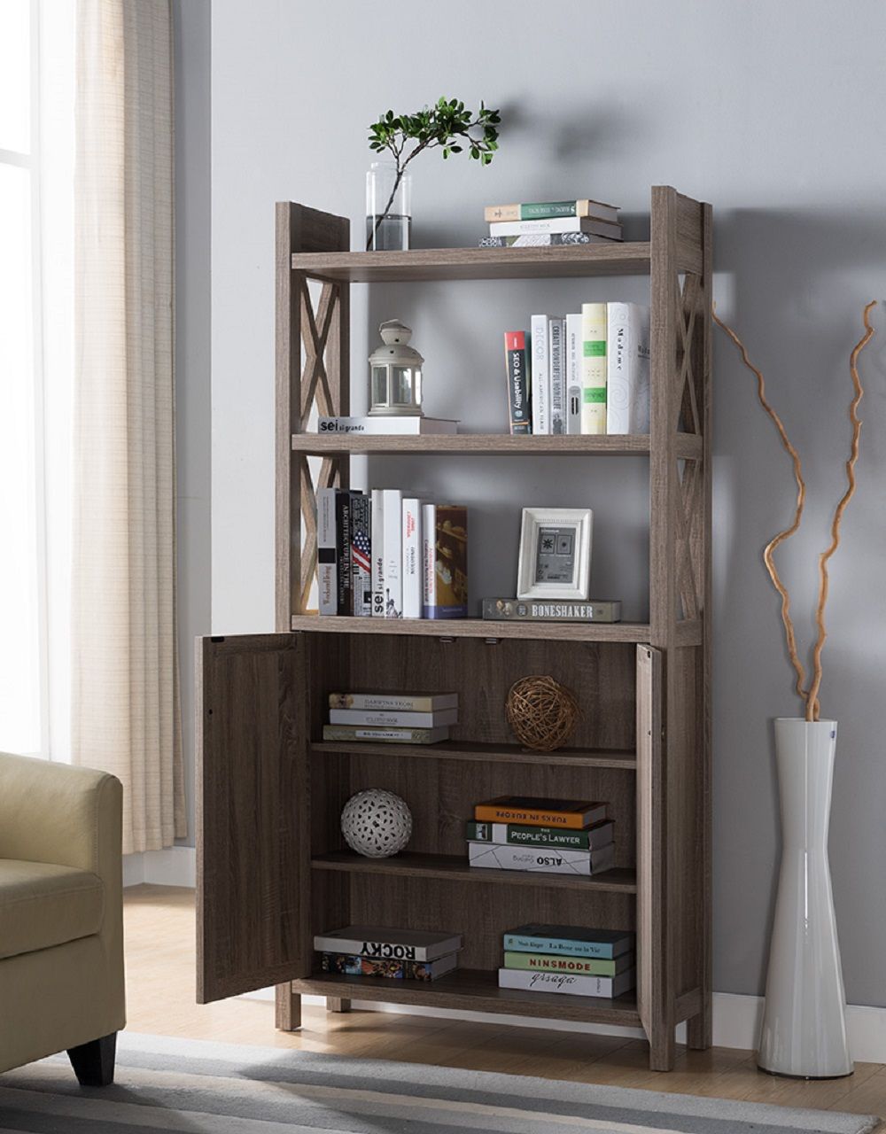 Antique Wooden Crosshatch Display Cabinet, Home Storage Cabinet Two Shelves, Two Door - Dark Taupe