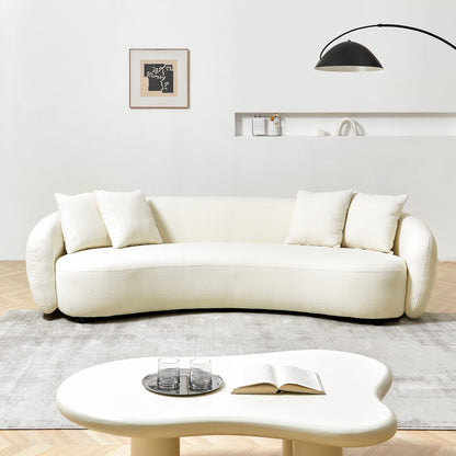 Modern Curved Sofa Mid-Century Comfy Half Moon Teddy Fabric Couch, 101" Upholstered With 4 Throw Pillows For Living Room - White