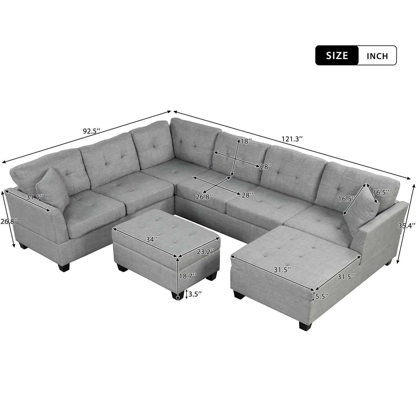 Oversized Sectional Sofa With Storage Ottoman, U-Shaped Sectional Couch With 2 Throw Pillows For Large Space Dorm Apartment