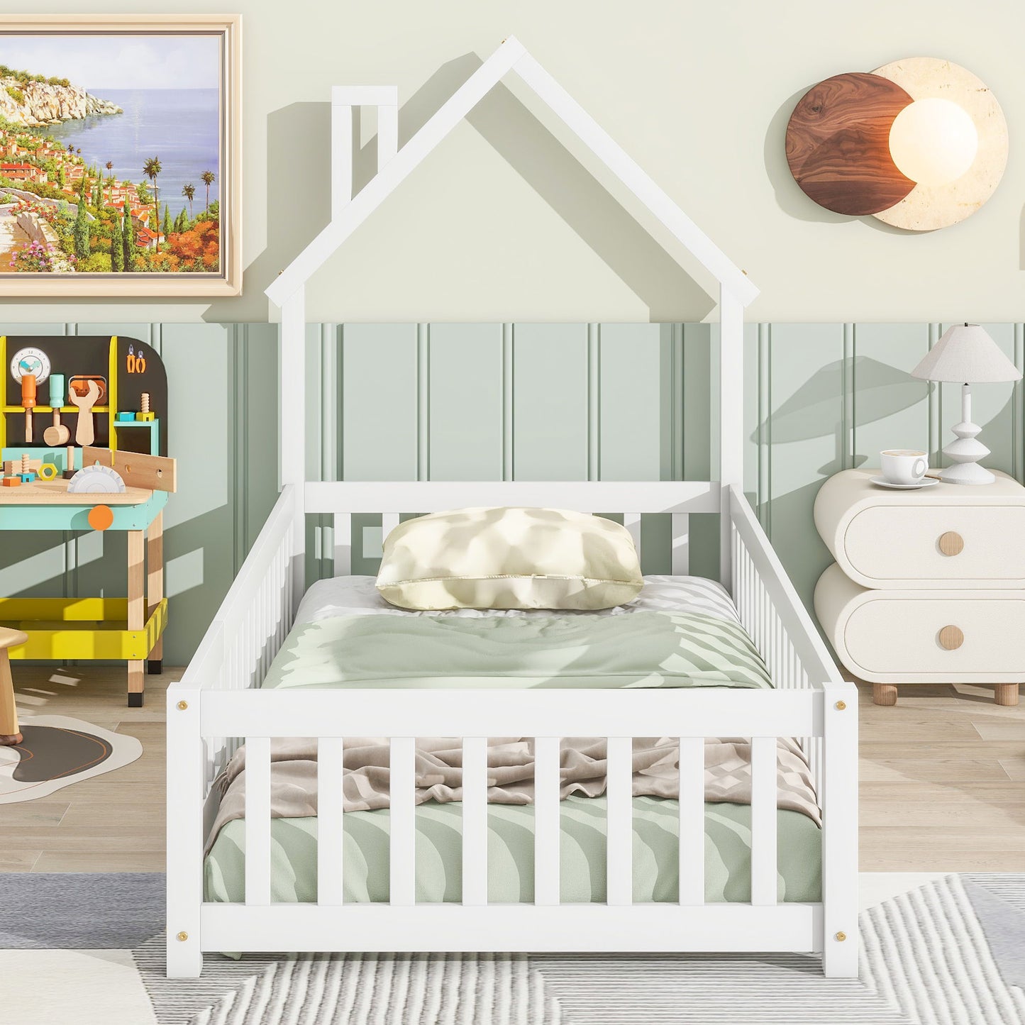 House-Shaped Headboard Floor Bed With Fence