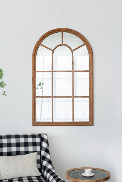 Large Arched Accent Mirror With Frame With Decorative Window Look Classic Architecture Style Solid Fir Wood Interior Decor - Brown