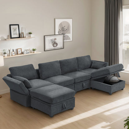 Chenille Modular Sectional Sofa, U Shaped Couch With Adjustable Armrests And Backrests, 6 Seat Reversible Sofa Bed With Storage Seats For Living Room, Apartment