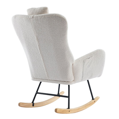 Rocking Chair With Pocket, Soft Teddy Fabric Rocking Chair For Nursery, Comfy Wingback Glider Rocker With Safe Solid Wood Base