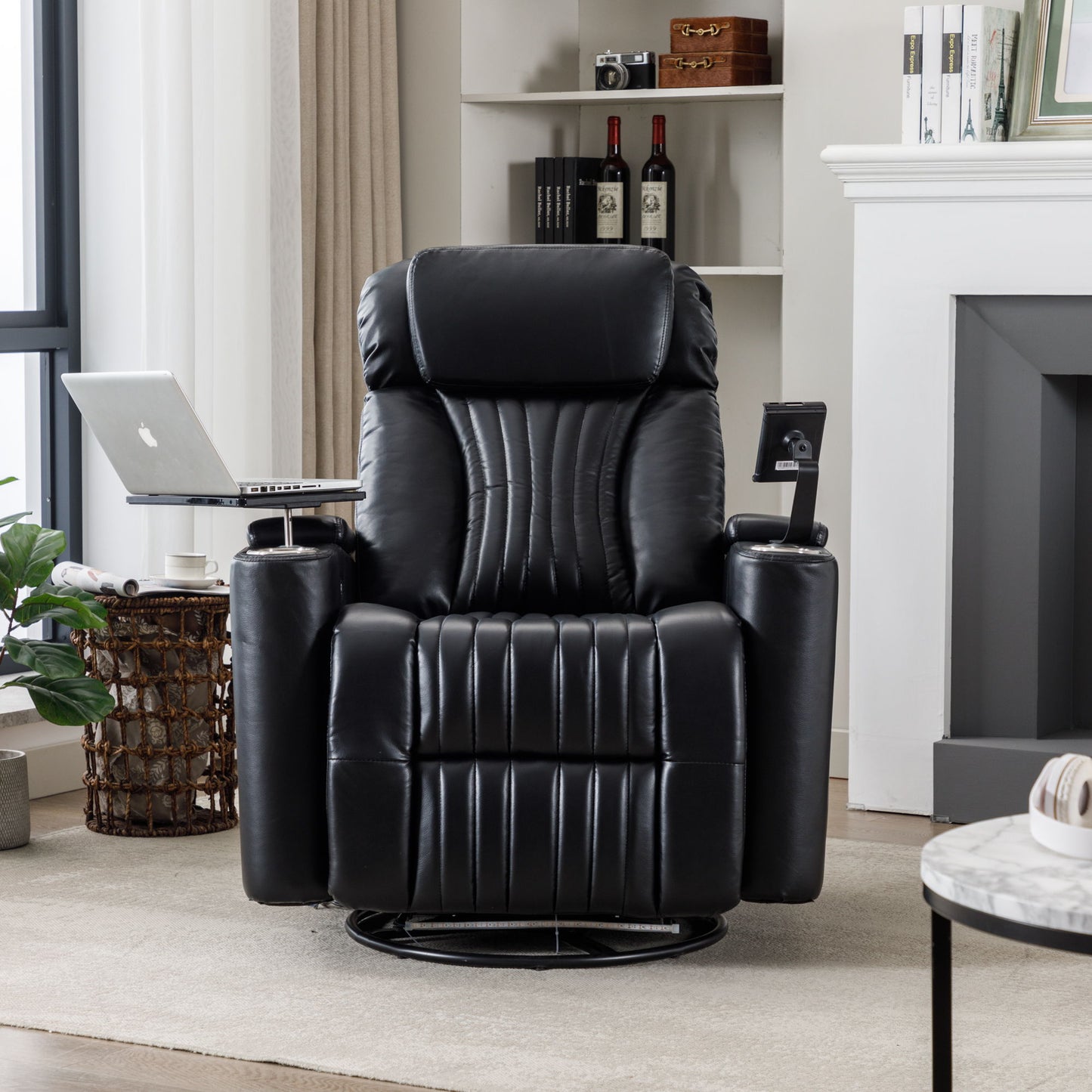 270 Degree Power Swivel Recliner, Home Theater Seating With Hidden Arm Storage And LED Light Strip, Cup Holder, 360 Degree Swivel Tray Table, And Cell Phone Holder, Soft Living Room Chair