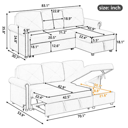 Modern Convertible Sleeper Sofa Bed With Storage Chaise