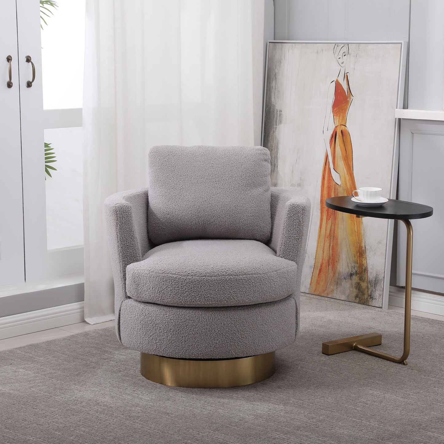 Barrel Chair, Swivel Accent Chairs Armchair For Living Room, Reading Chairs For Bedroom Comfy, Round Barrel Chairs With Gold Stainless Steel Base