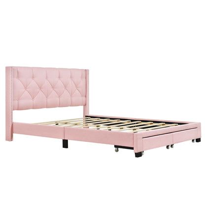 Queen Size Storage Bed Linen Upholstered Platform Bed With Two Drawers - Pink