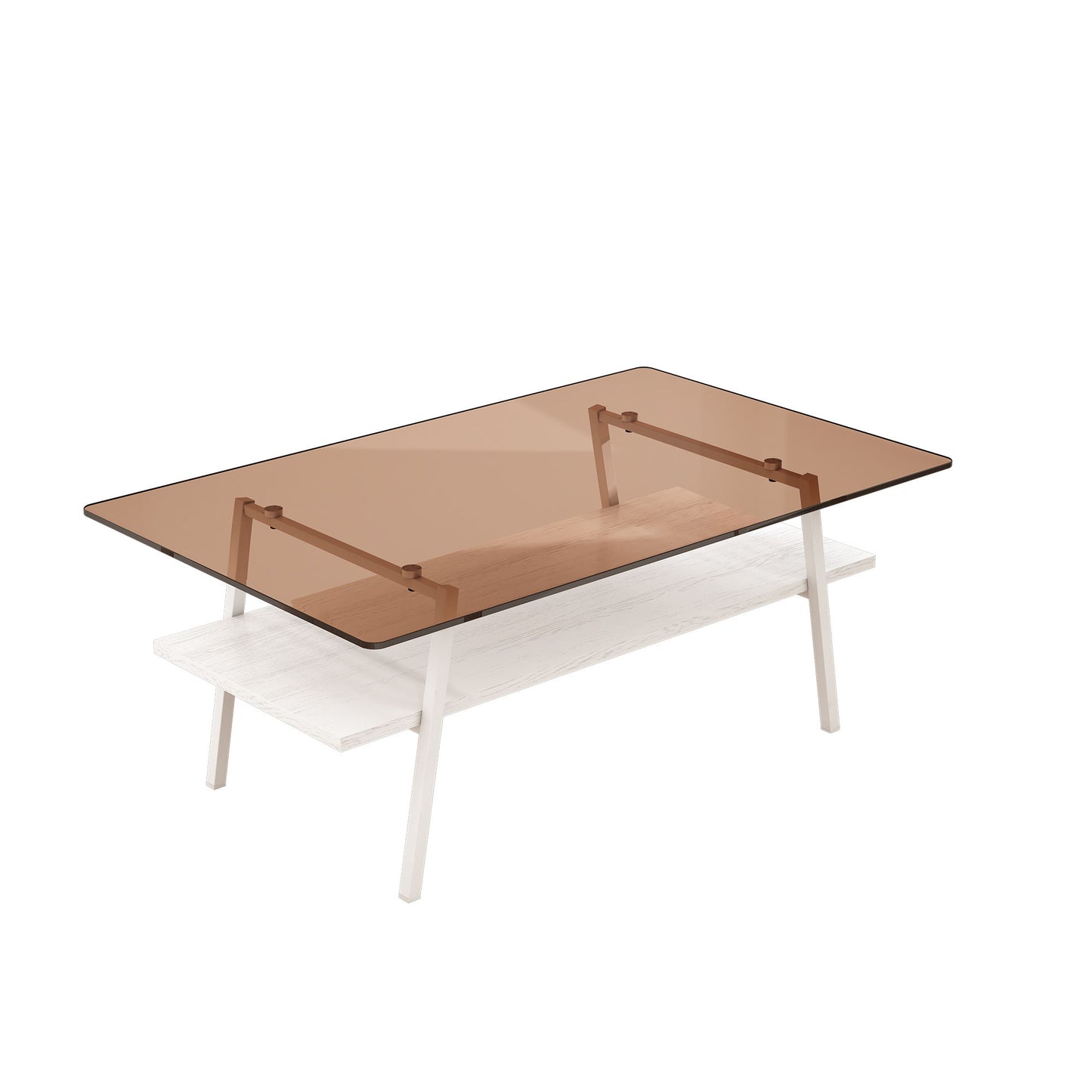 Rectangle Coffee Table, Tempered Glass Tabletop With Metal Legs, Modern Table For Living Room - Brown