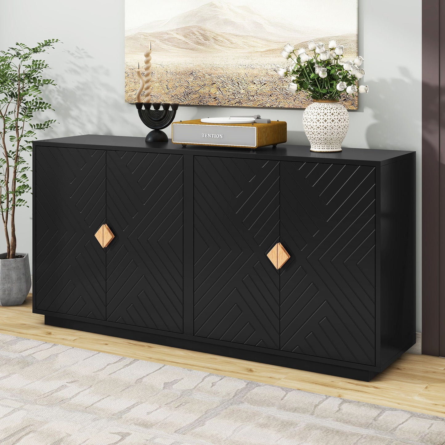 Modern Functional Large Storage Space Sideboard With Wooden Triangular Handles And Adjustable Shelves For Living Room And Dining Room