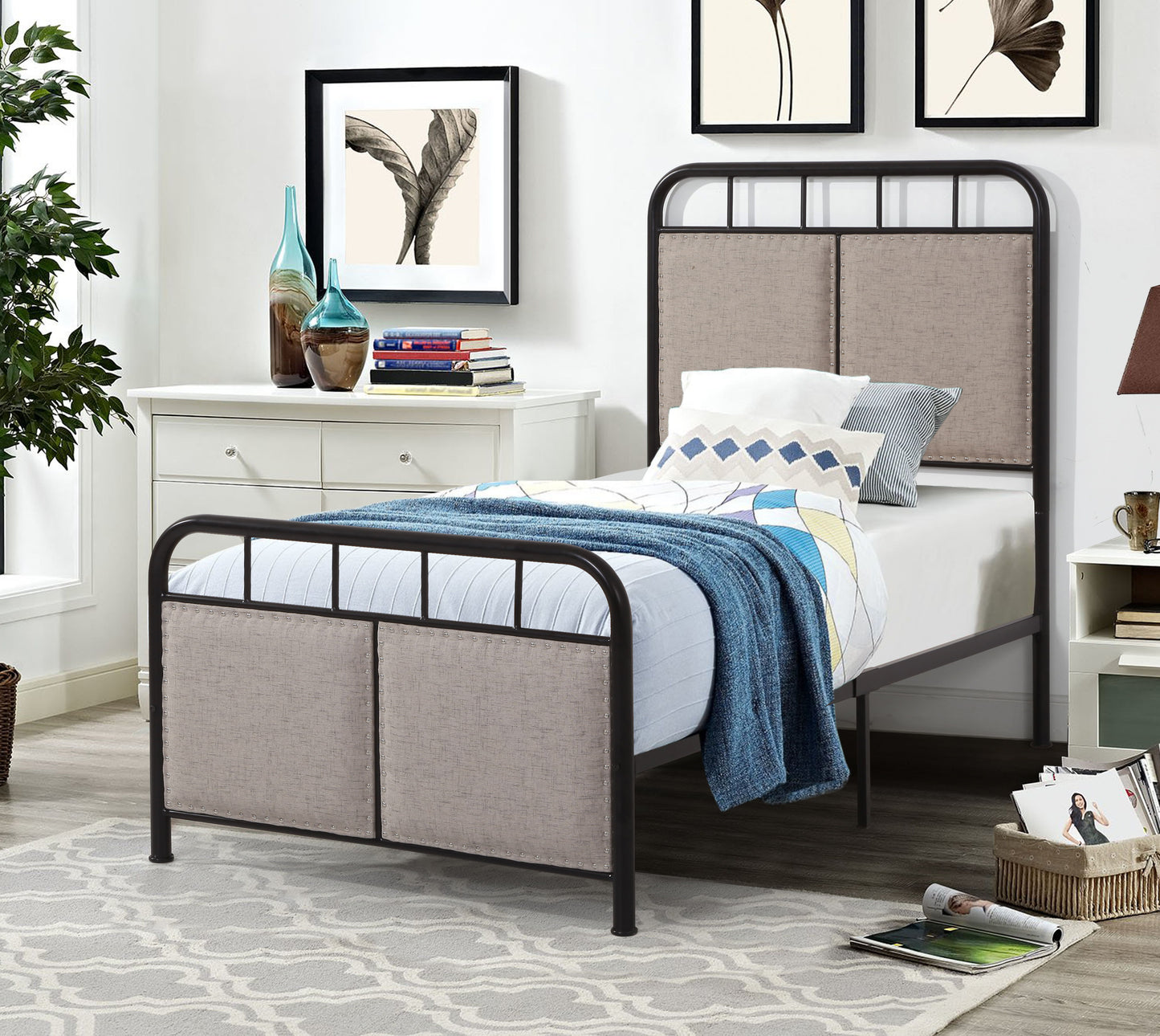 Twin Size Linen Upholstered Platform Metal Bed Frame With Fabric Headboard And Footboard - Brown