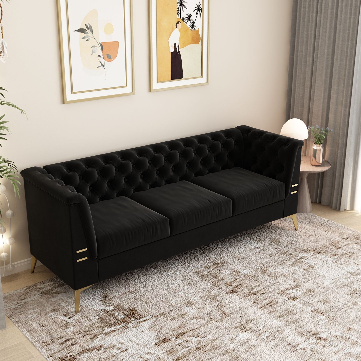 Luxurious Velvet Sofa With Gold Legs, Modern Chesterfield Design, Tufted Upholstery, 3 Seat Couch For Living Room And Office