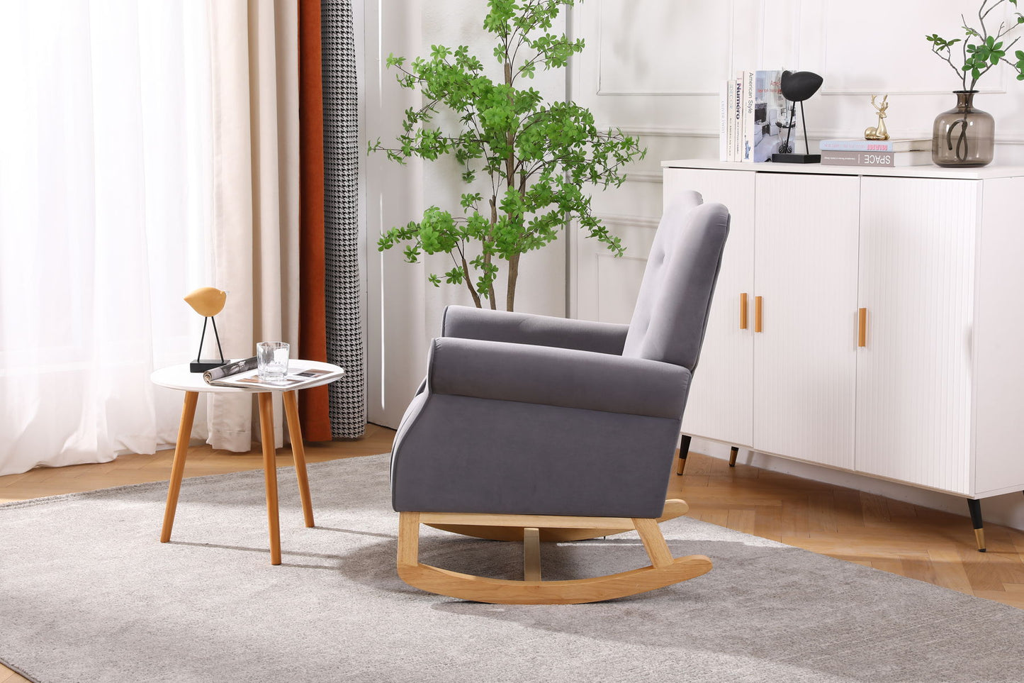 Baby Room High Back Rocking Chair Nursery Chair, Comfortable Rocker Fabric Padded Seat, Modern High Back Armchair