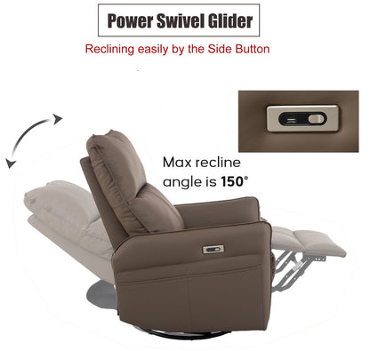 270 Power Swivel Rocker Recliner Chair, Electric Glider Reclining Sofa With USB Ports, Power Swivel Glider, Rocking Chair Nursery Recliners For Living Room Bedroom - Brown