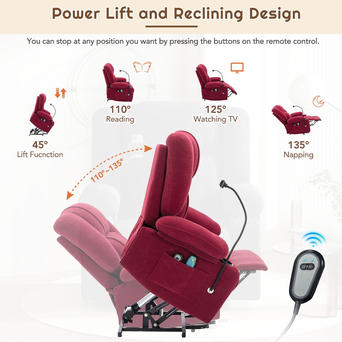 Power Lift Recliner Chair Electric Recliner For Elderly Recliner Chair With Massage And Heating Functions, Remote, Phone Holder Side Pockets And Cup Holders For Living Room