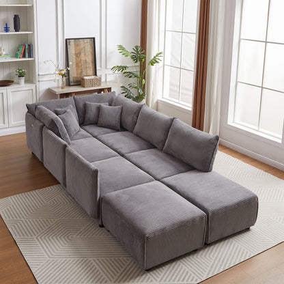 Multi-Module Combination Style Sofa For Living Room, Bedroom And Other Lounge Spaces, Modern Minimalist Corduroy Combination Sofa With 2 Comfort Cushions With USB & C Charging Ports, Two Sets - Gray