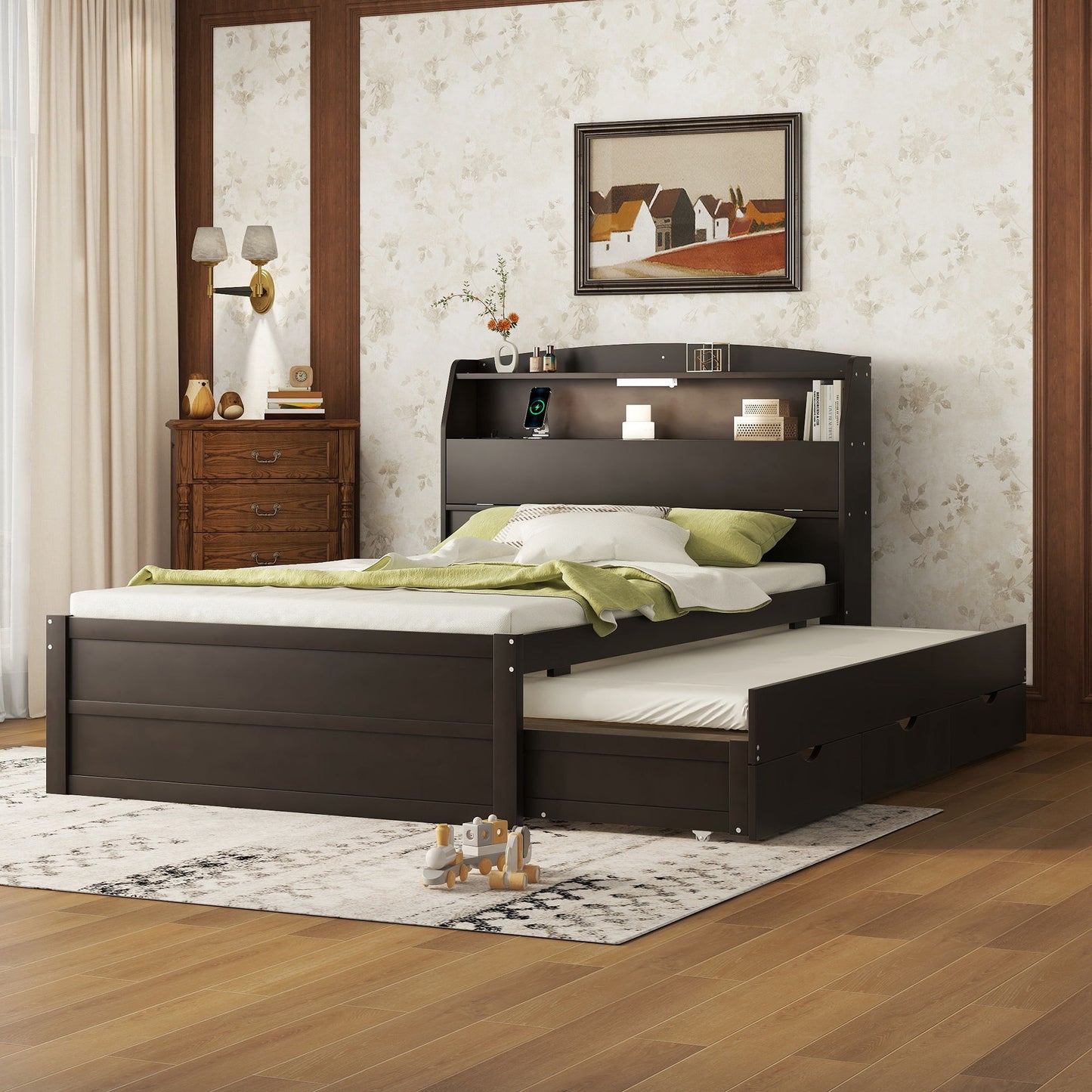 Wooden LED Platform Bed With Trundle, With Storage Headboard, With Drawers