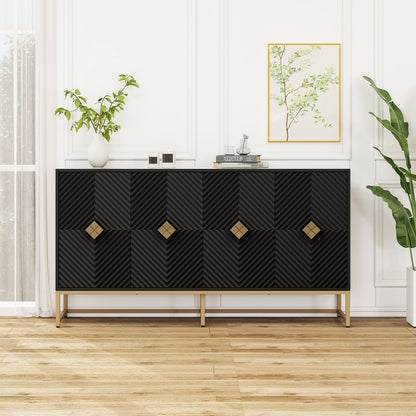 Carved 4 Door Sideboard, Sideboard Buffet Cabinet With Storage, Modern Coffee Bar Cabinet With Adjustable Shelf For Living Room, Diningroom, Kitchen - Black