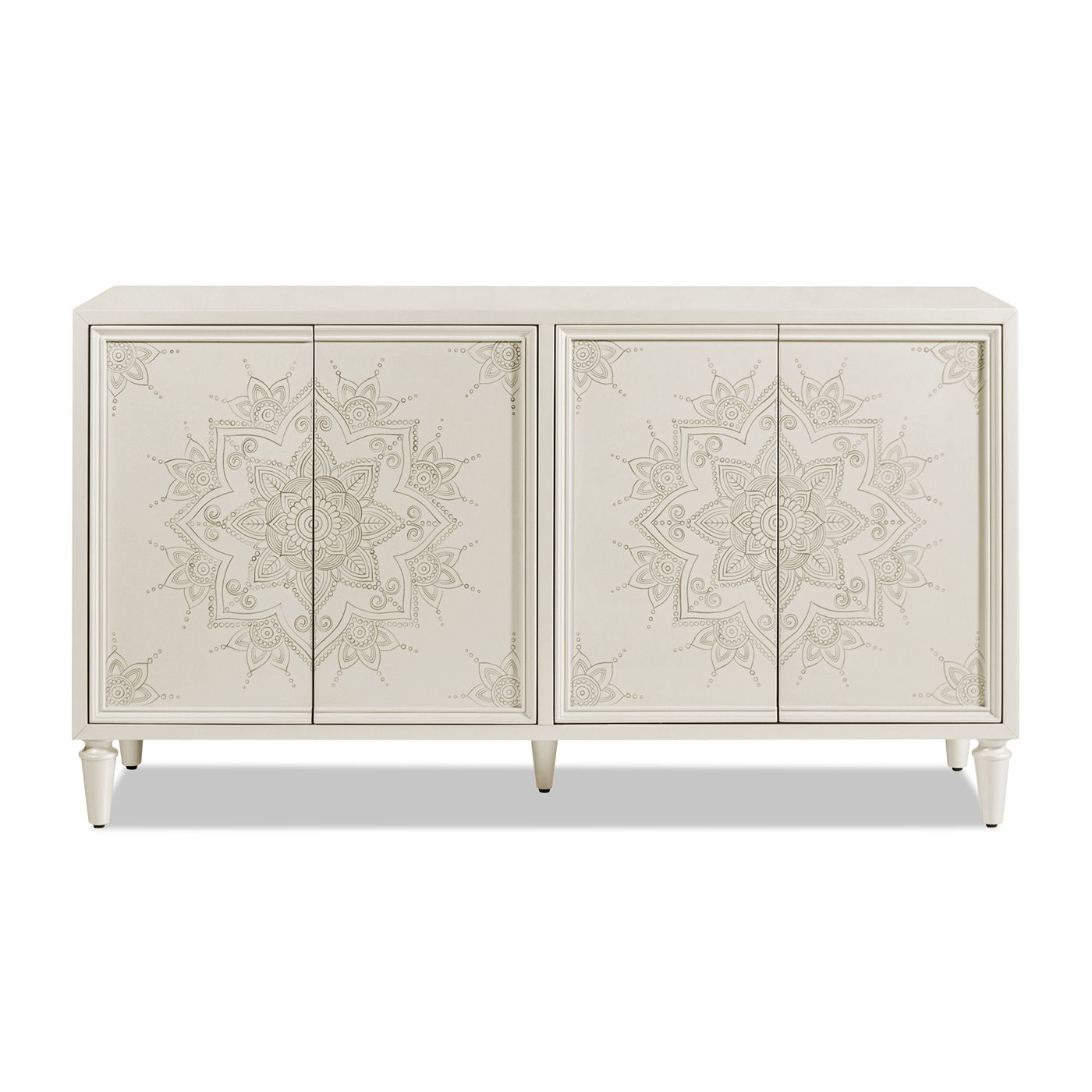 Mahal - Hand Painted Mandala Lacquered Sideboard - Ivory Off-White