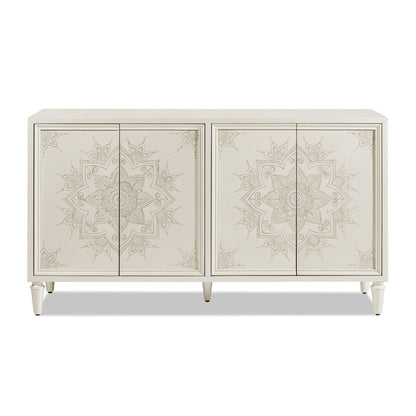 Mahal - Hand Painted Mandala Lacquered Sideboard - Ivory Off-White