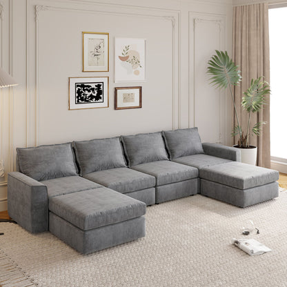 Chenille Modular Sectional Sofa, U Shaped Reversible Couch, Free Combination, 6 Seat Sleeper Sofa Bed With Ottoman, Convertible Oversized Indoor Furniture For Living Room - Gray