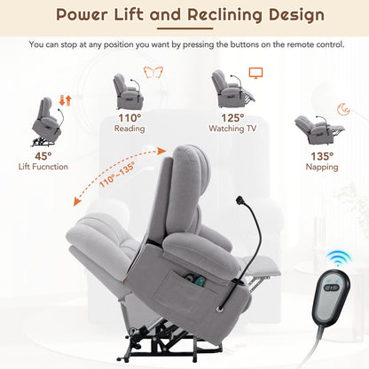 Power Lift Recliner Chair Electric Recliner For Elderly Recliner Chair With Massage And Heating Functions, Remote, Phone Holder Side Pockets And Cup Holders For Living Room