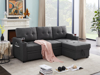 Mabel - Linen Fabric Sleeper Sectional With Cupholder, USB Charging Port And Pocket