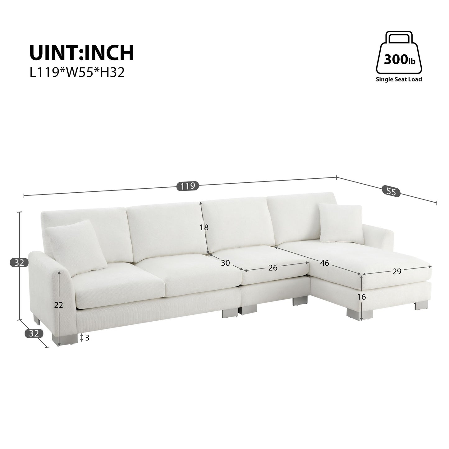 Modern Oversized Sectional Sofa, L-Shaped Luxury Couch Set With 2 Free Pillows, 5 Seat Chenille Indoor Furniture With Chaise For Living Room