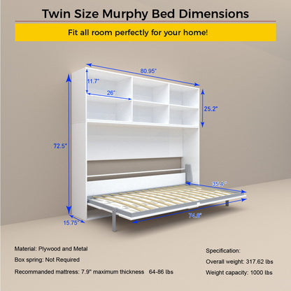 Mordern Design Twin Size Horizontal Murphy Bed With Shelf Storage For Bedroom Or Guestroom Wall Bed Space Saving Hidden Bed With New Style Gas Struts - White