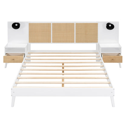 Solid Wood Bed Frame With 2 Nightstands, Elegant Design With Lamps, Rattan And Wood Combination