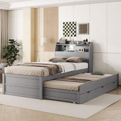 Wooden LED Platform Bed With Trundle, With Storage Headboard, With Drawers