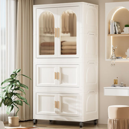 25.59" Side Wide Folding Wardrobe, 25.59" ×15.75" ×57.09" , With Magnetic Door, Plastic Storage Cabinet With Wheels ( One Layer Of Wardrobe + Two Layers Of Folding Boxes + 10 Hangers ) - Cream White