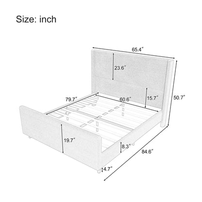 Corduroy Upholstered Bed Frame With Vertical Stripe Wingback And High Footboard No Box Spring Needed
