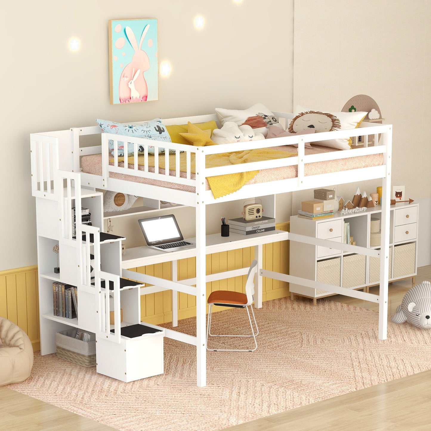 Full Size Loft Bed With Built-In Desk, Bookshelves And Storage Staircase - White