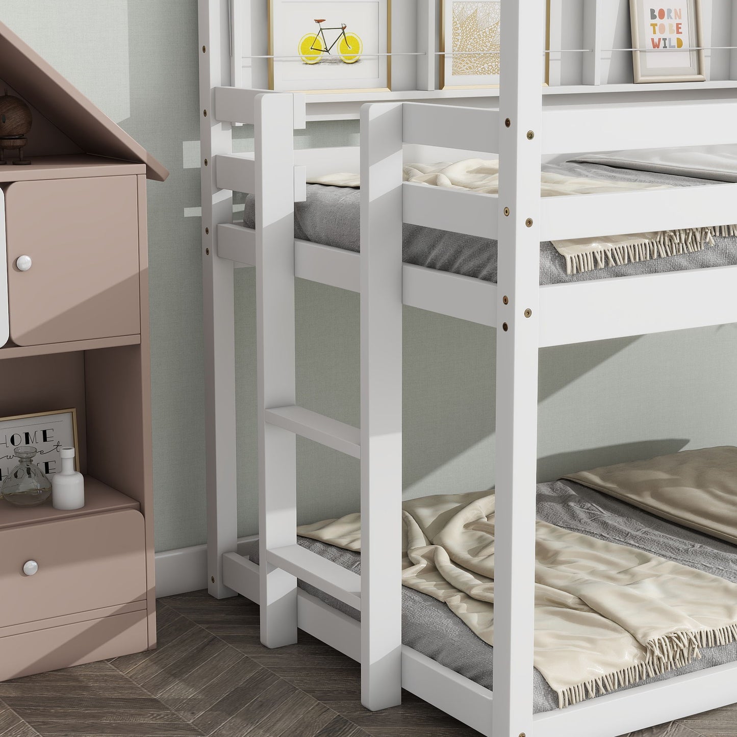 Twin House Loft Bed With Guardrails, Semi-Enclosed Roof, Bedside Shelves And Ladder - White