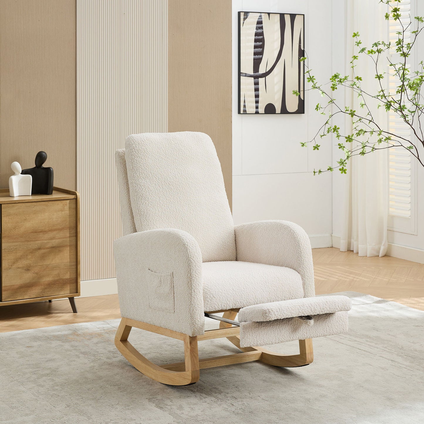 Rocking Chair For Nursery, High Back Glider Chair With Retractable Footrest, Side Pocket, Rocking Accent Armchair With Rubber Wood Legs For Living Room / Bedroom