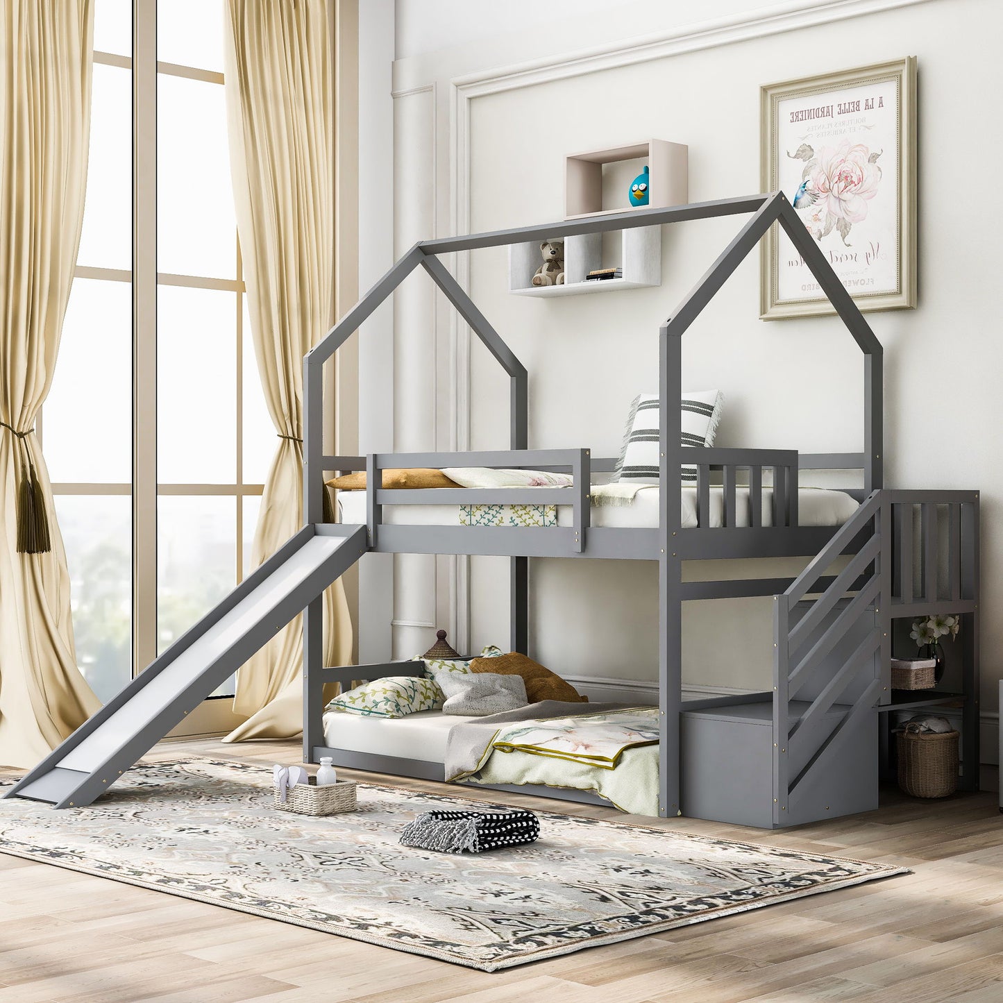 Twin Over Twin House Bunk Bed With Convertible Slide, Storage Staircase