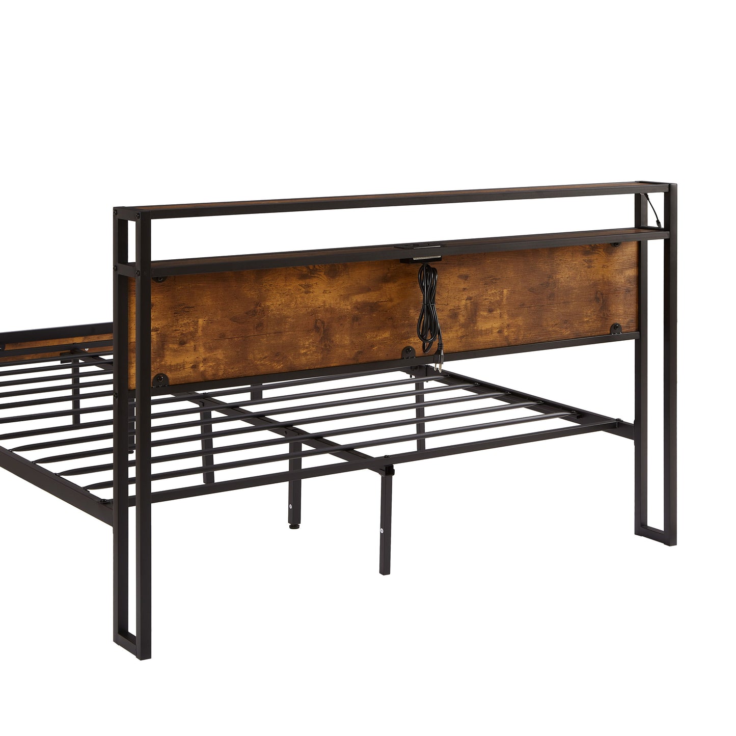 Queen Size Metal Platform Bed Frame With Wooden Headboard And Footboard With USB Liner, LED Lights, No Box Spring Needed, Large Under Bed Storage - Brown