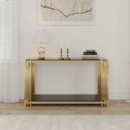 Modern Glass Console Table, 55" Gold Sofa Table With Sturdy Metal Frame And Black Tempered Glass Top, For Living Room Entryway Bedroom - Gold