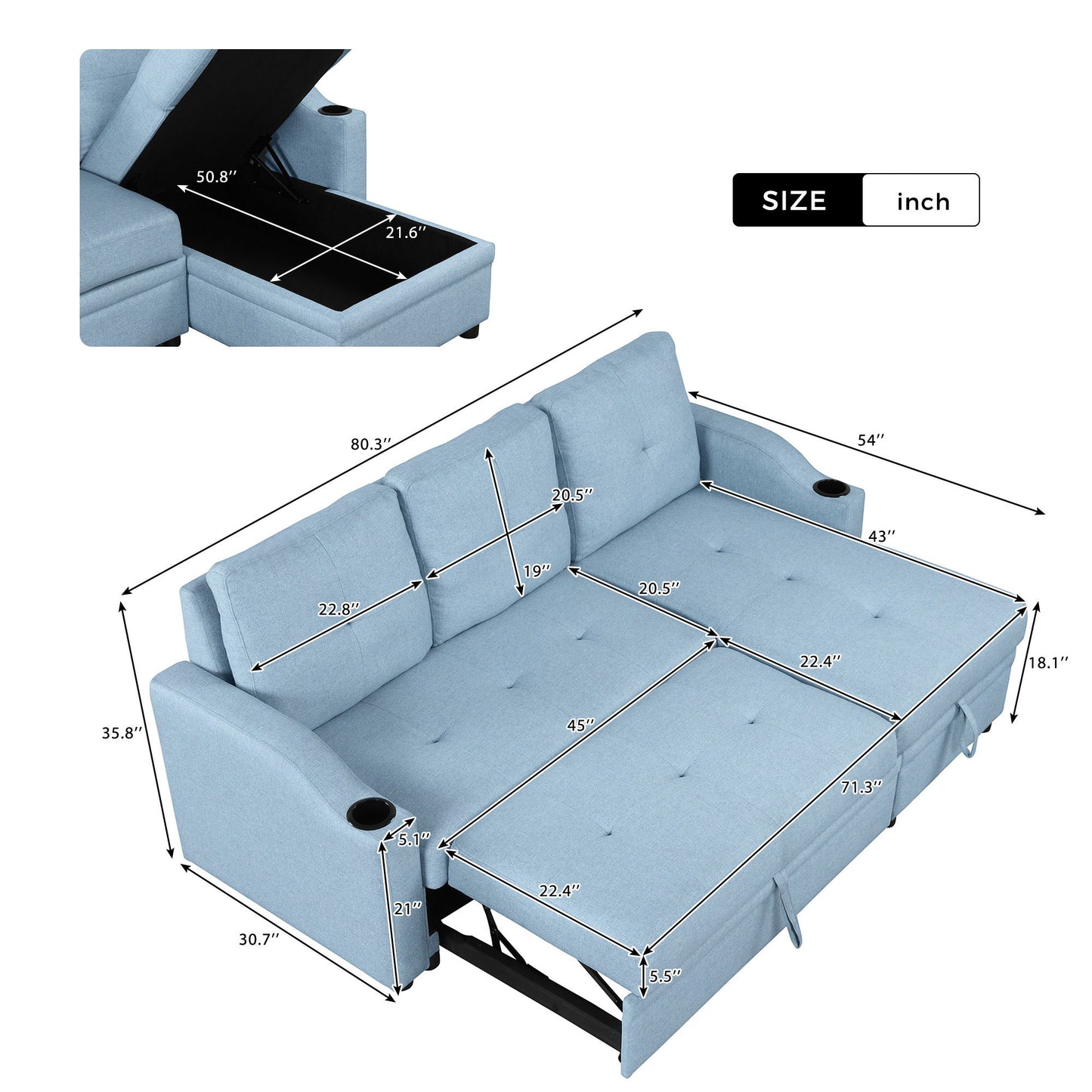 Pull Out Sofa Bed Modern Padded Upholstered Sofa Bed, Linen Fabric 3 Seater Couch With Storage Chaise And Cup Holder, Small Couch For Small Spaces