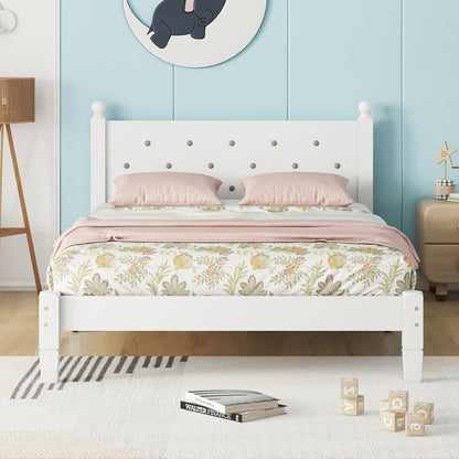 Twin Bed With Button-Decoration Headboard, With Bed Slats - White