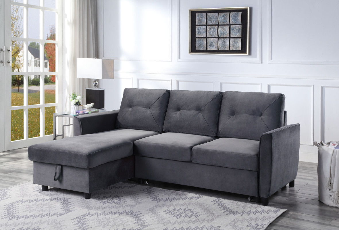 Hudson - Velvet Reversible Sleeper Sectional Sofa With Storage Chaise - Dark Gray