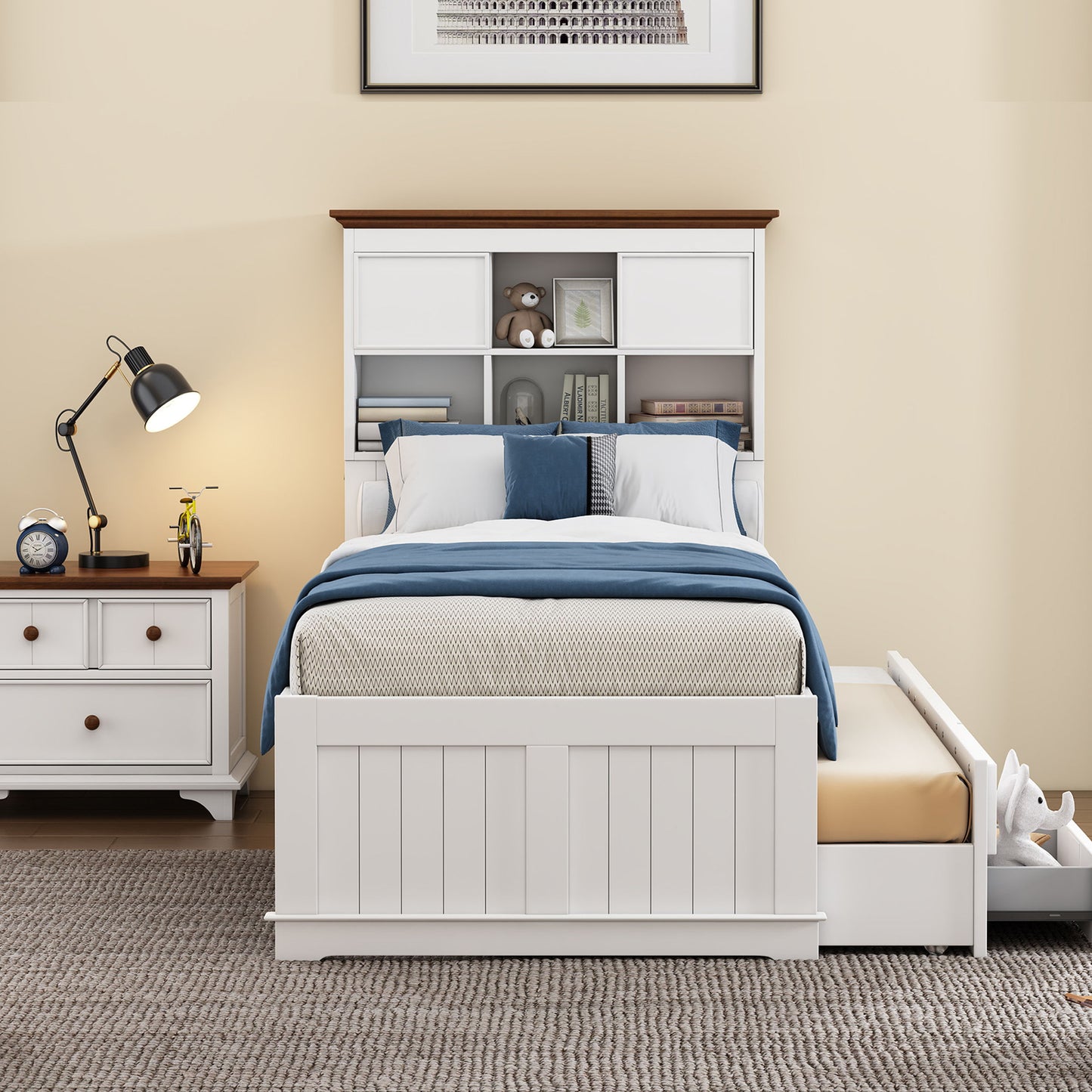 Twin Solid Pine Captain Bookcase Bed With Trundle Bed And 3 Spacious Under Bed Drawers In Casual - White / Walnut