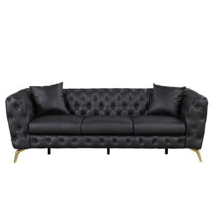 Modern Sofa Couch PU Upholstered Sofa With Sturdy Metal Legs, Button Tufted Back, 3 Seater Sofa Couch For Living Room, Apartment, Home Office - Black