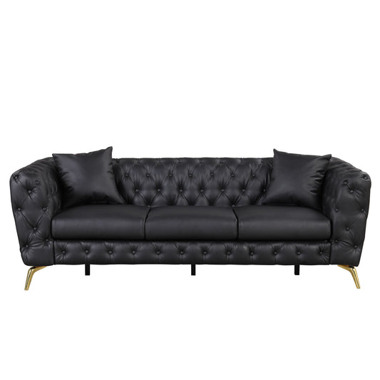 Modern Sofa Couch PU Upholstered Sofa With Sturdy Metal Legs, Button Tufted Back, 3 Seater Sofa Couch For Living Room, Apartment, Home Office - Black