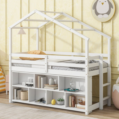 Twin House Loft Bed With Roof Frame, Under Bed Shelving Storage Unit, Guardrails, Ladder - White