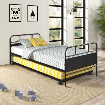 Twin Size Metal Daybed Platform Bed Frame With Trundle Built In Casters - Black