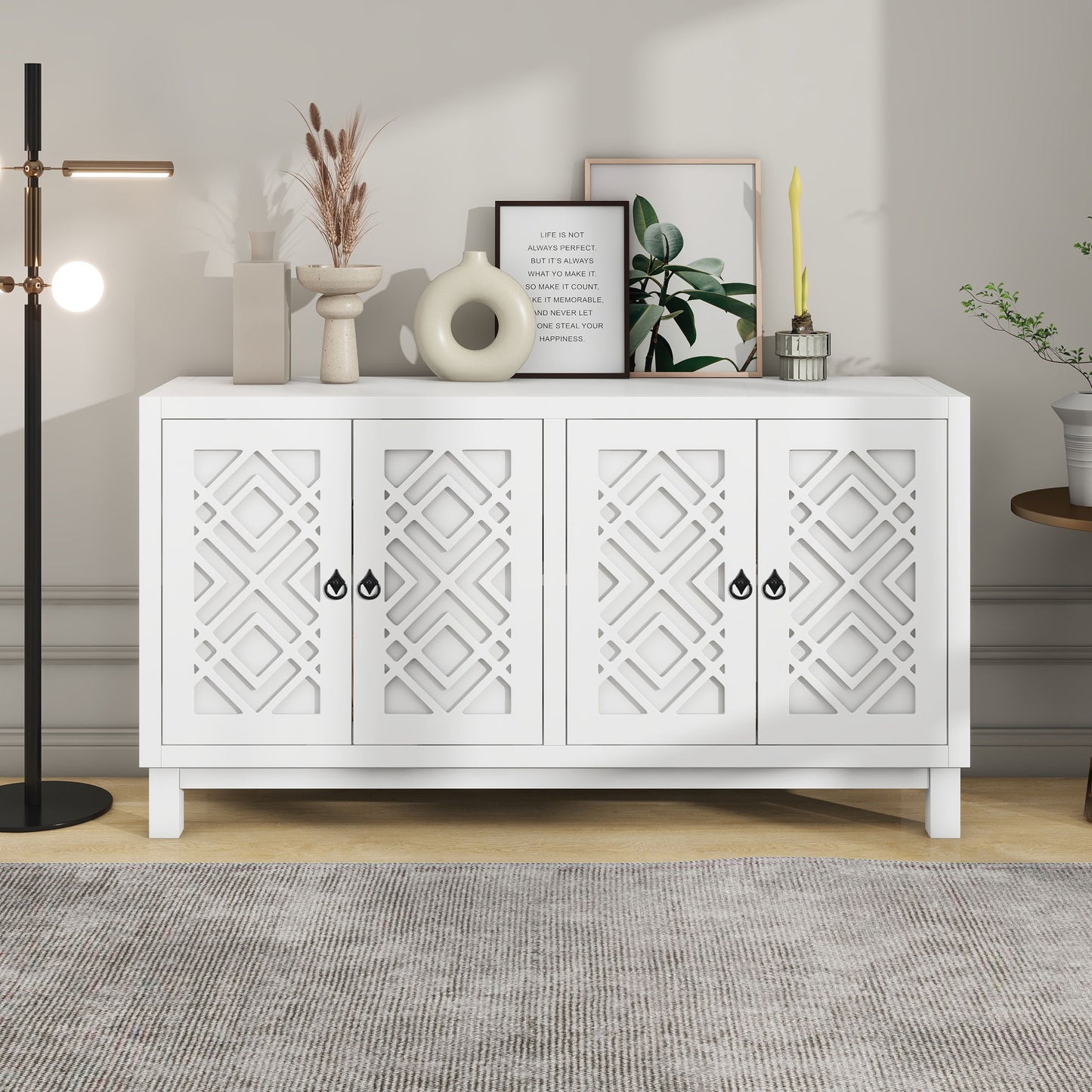 Large Storage Space Sideboard, 4 Door Buffet Cabinet With Pull Ring Handles For Living Room, Dining Room