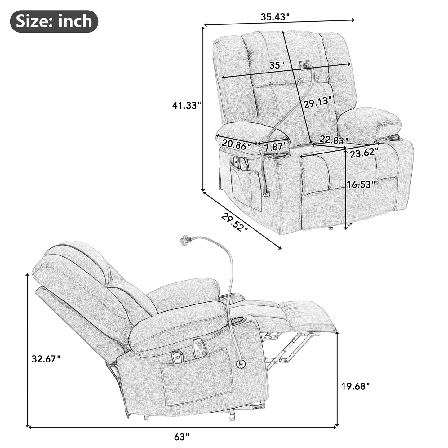 Power Lift Recliner Chair Electric Recliner For Elderly Recliner Chair With Massage And Heating Functions, Remote, Phone Holder Side Pockets And Cup Holders For Living Room