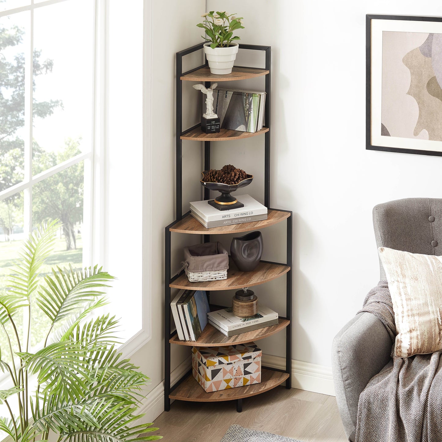 6 Tier Corner Open Shelf Modern Bookcase Wood Rack Freestanding Shelving Unit, Plant Album Trinket Sturdy Stand Small Bookshelf Space-Saving For Living Room Home Office Kitchen Small Space - Rustic Brown